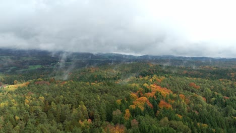 Herbstwald-Mit-Wolken-Und-Nebel---Drohnenaufnahme-Aus-Der-Luft