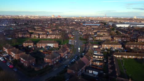 Residential-Houses-And-Street-In-Port-Town-Of-Grimsby-In-Lincolnshire,-England---aerial-shot