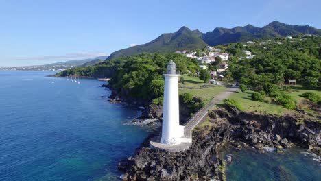 Lighthouse-at-Vieux-Fort,-Guadeloupe.-Aerial-orbiting