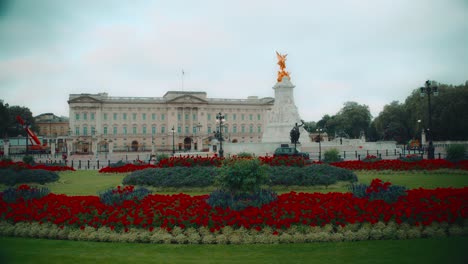 Buckingham-Palace-Und-Die-Bunten-Blumenbeete-An-Einem-Frühen-Morgen