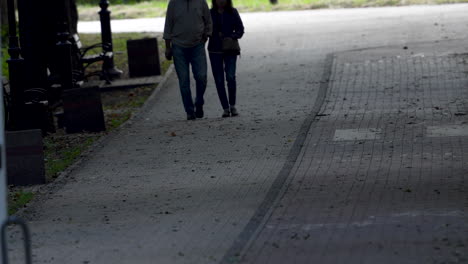 A-couple-walking-on-a-cobblestone-path-in-a-park,-captured-from-the-waist-down,-with-an-emphasis-on-movement-and-the-casual,-everyday-nature-of-a-stroll-in-an-urban-green-space