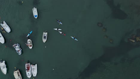 Aerial-shot-of-kayakers-among-moored-boats-in-Genoa-Nervi,-Italy,-clear-water
