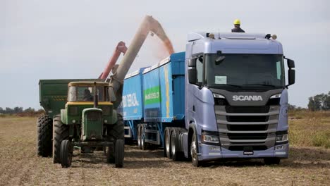 Green-harvester-loading-grain-into-blue-truck-with-worker-overseeing,-daylight,-agricultural-work-scene,-outdoor