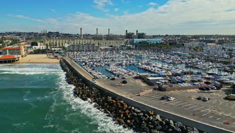 Drone-view-of-the-King-Harbor-Yacht-Club-in-Redondo-Beach,-CA,-USA