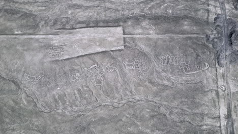 Luftaufnahme-Von-Oben-Nach-Unten-über-Die-Linien-Humanoider-Kreaturen-Von-Nazca-In-Der-Peruanischen-Wüste