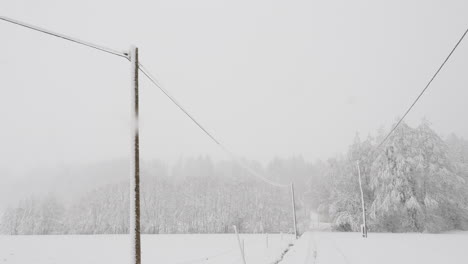 Winter-Countryside-Journey:-Snowy-Road-Amidst-Fields,-Forest-and-Powerlines