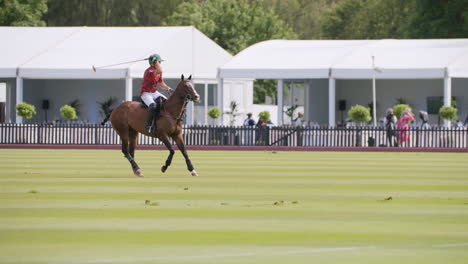 Polo-players-swings-his-mallet-and-hits-the-ball-whilst-riding-a-chestnut-horse
