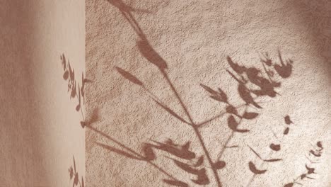 Plant-leaf-shadow-on-sandy-brown-corner-wall-gently-move-from-breeze-wind