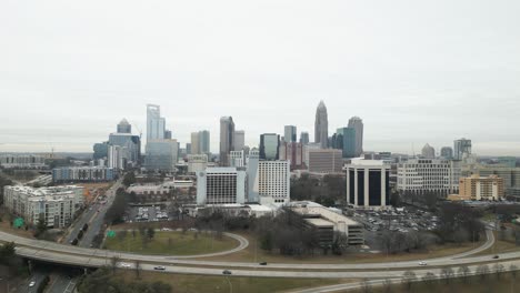 Uptown-Charlotte,-North-Carolina-Drone-on-Cloudy-Day