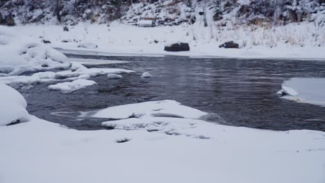 Cold-Creek-Water-and-Snowy-Fields,-Idyllic-Winter-Landscape