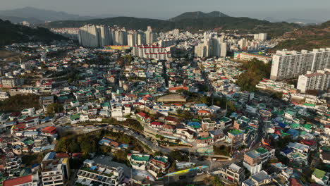 Aerial-view-of-Tongyeong,-South-Korea,-a-coastal-city-located-in-Gyeongsang-Province-in-the-fall