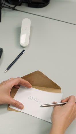 Woman-putting-paper-inside-of-an-envelope