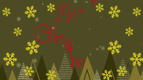 Animation-of-merry-christmas-text-with-christmas-trees-and-snowflakes-on-abstract-background