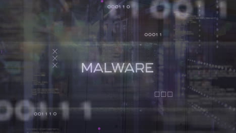 Animation-of-malware,-binary-codes,-computer-language,-binary-codes-over-server-room
