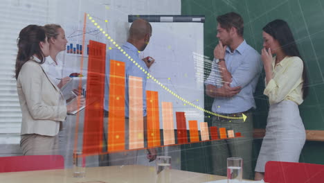 Animation-of-arrow-on-falling-graph,-diverse-coworkers-discussing-strategy-on-whiteboard