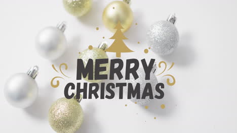 Animation-of-merry-christmas-text-and-tree-icon-over-baubles-against-white-background