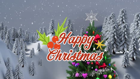 Animation-of-happy-christmas-text-with-christmas-tree-over-snowfall-on-mountain-and-trees
