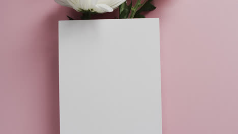 Video-of-red,-white-and-pink-flowers-and-white-paper-with-copy-space-on-pink-background