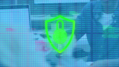 Animation-of-padlock-in-shield,-changing-numbers,-diverse-coworkers-shaking-hands-in-office