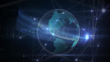 Animation-of-glowing-network-of-connections-and-light-trails-over-spinning-globe-on-blue-background