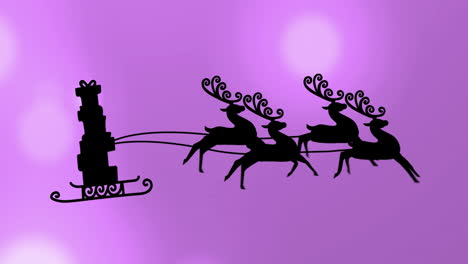Animation-of-gift-boxes-on-reindeers-sleigh-with-lens-flares-over-purple-background