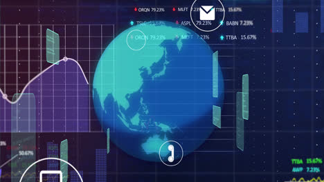 Animation-Von-Grafiken,-Handelstafeln-Und-Computersprache-über-Rotierendem-Globus-Auf-Schwarzem-Hintergrund