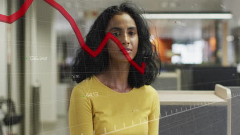 Animation-of-graphs-with-changing-numbers-over-smiling-biracial-woman-standing-in-office