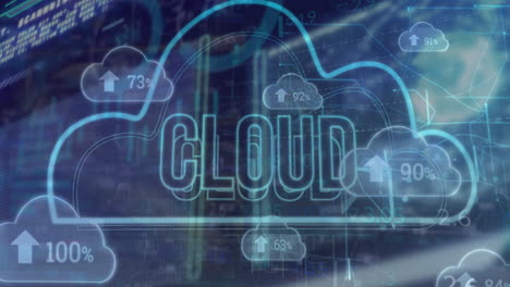 Animation-Von-Wolkentext,-Wechselnden-Zahlen,-Pfeilen-In-Wolken-Und-Handelstafel-Im-Hintergrund