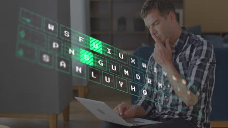 Animation-of-illuminated-pattern-moving-on-keyboard-over-caucasian-man-working-on-laptop