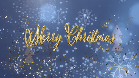 Animation-of-merry-christmas-text-with-falling-snowflakes-and-blasting-confetti-over-blue-background
