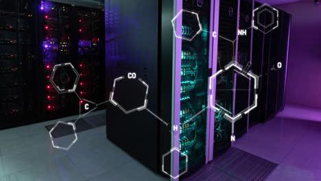 Animation-of-chemical-structures-floating-against-computer-server-room