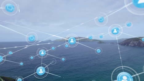 Animation-of-network-of-digital-icons-against-aerial-view-of-islands-and-sea
