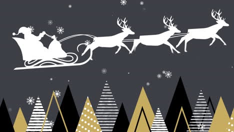 Animation-Von-Schneeflocken-Auf-Dem-Weihnachtsmann-Im-Schlitten,-Der-Von-Rentieren-Gezogen-Wird,-Baumsymbole-Auf-Grauem-Hintergrund