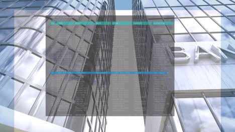 Animation-of-computer-interface-over-bank-text-on-modern-building-against-sky