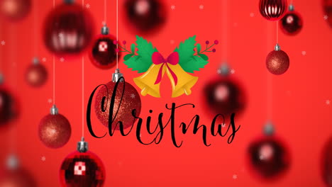 Animation-of-bells,-leaves-and-christmas-text-over-hanging-baubles-against-red-background