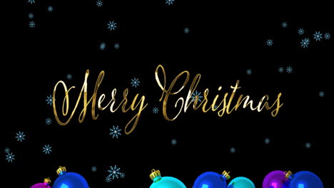 Animation-of-merry-christmas-text-and-bauble-with-snowflakes-over-black-background