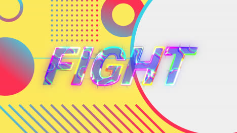 Animation-of-fight-text-banner-with-lightning-effect-against-abstract-shapes-on-yellow-background
