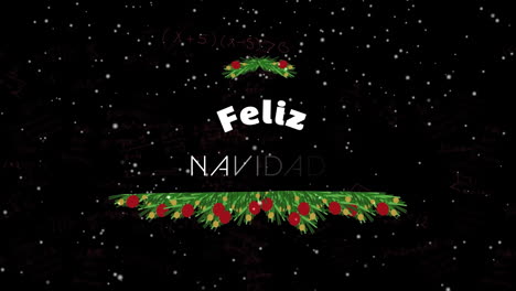 Animation-of-snowfall-over-feliz-navidad-text-with-fruits-and-leaves-against-black-background