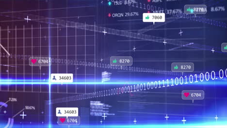 Animation-Von-Social-Media-Symbolen,-Statistik,-Börsendatenverarbeitung-Vor-Blauem-Hintergrund