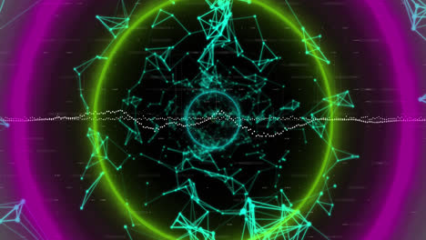 Animation-of-circular-neon-shapes-in-seamless-pattern-against-network-of-connections