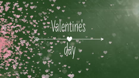 Animation-of-valentine's-day-text-with-arrow-sign-and-pink-hearts-on-green-background