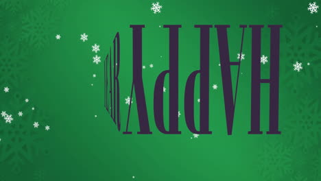 Animation-Des-Textes-„Frohe-Weihnachten“-Und-Schneeflocken,-Die-Sich-Auf-Grünem-Hintergrund-Bewegen