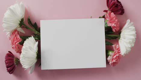 Video-of-red,-white-and-pink-flowers-and-white-paper-with-copy-space-on-pink-background