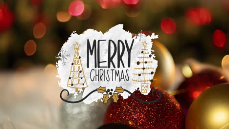 Animation-of-merry-christmas-text-with-trees-over-baubles-against-lens-flares