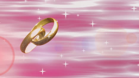 Animation-of-falling-stars-and-two-interlocked-gold-wedding-rings-over-glistening-pink-background