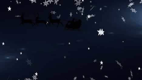 Animation-Von-Schneeflocken-über-Dem-Weihnachtsmann-Im-Schlitten,-Der-Von-Rentieren-Vor-Schwarzem-Hintergrund-Gezogen-Wird