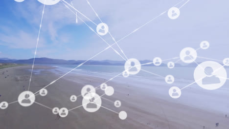 Animation-of-network-of-profile-icons-against-aerial-view-of-a-beach-and-sea