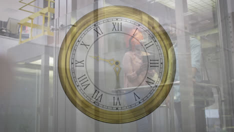 Animation-of-retro-ticking-clock-against-diverse-man-and-woman-discussing-in-elevator-at-office