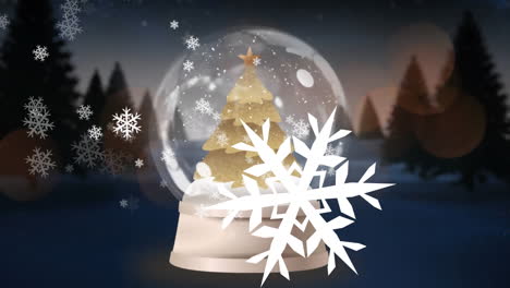Animation-Von-Schneeflocken,-Linsenreflexionen-Um-Einen-Baum-In-Einer-Glaskugel-Vor-Bäumen-Auf-Schneebedecktem-Land