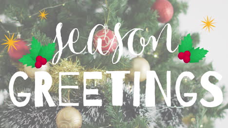 Animation-of-season-greeting-text-over-decorations-on-christmas-tree